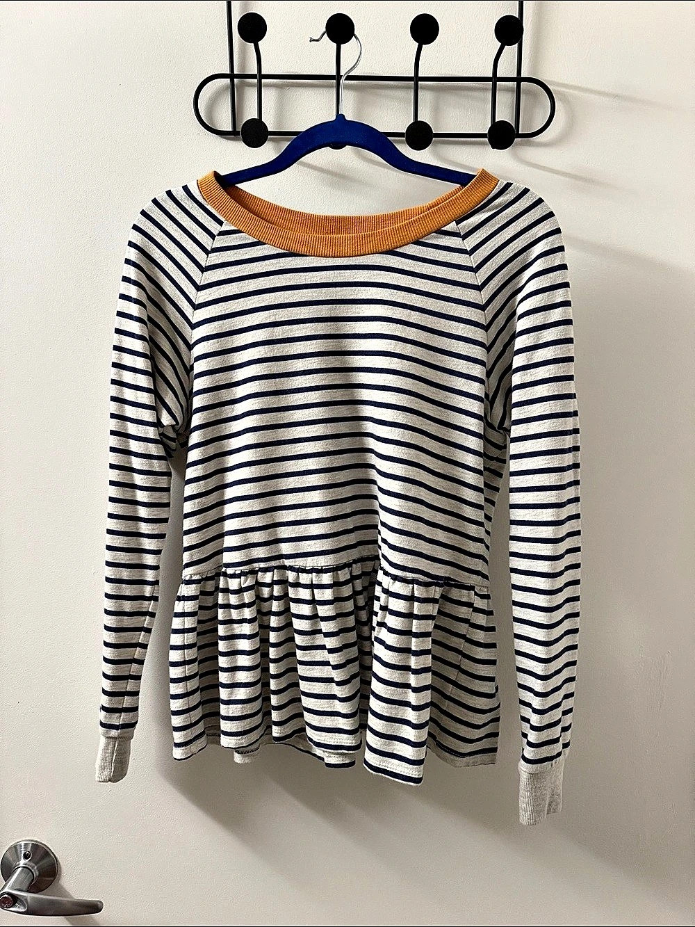 Anthropologie Striped Peplum Long Sleeve Top in White & Blue